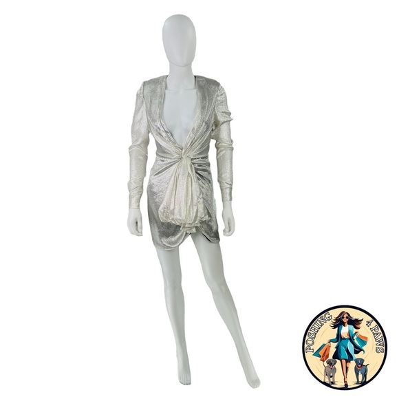 Redemption for FWRD Long Sleeve Metallic Deep V Party Dress in Silver Size XS - Picture 3 of 16